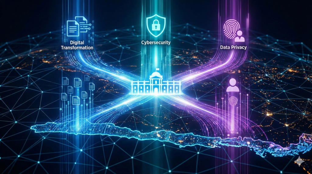 Ilustración conceptual de un ecosistema digital conectado donde convergen seguridad, datos y procesos administrativos sobre un mapa abstracto de Chile