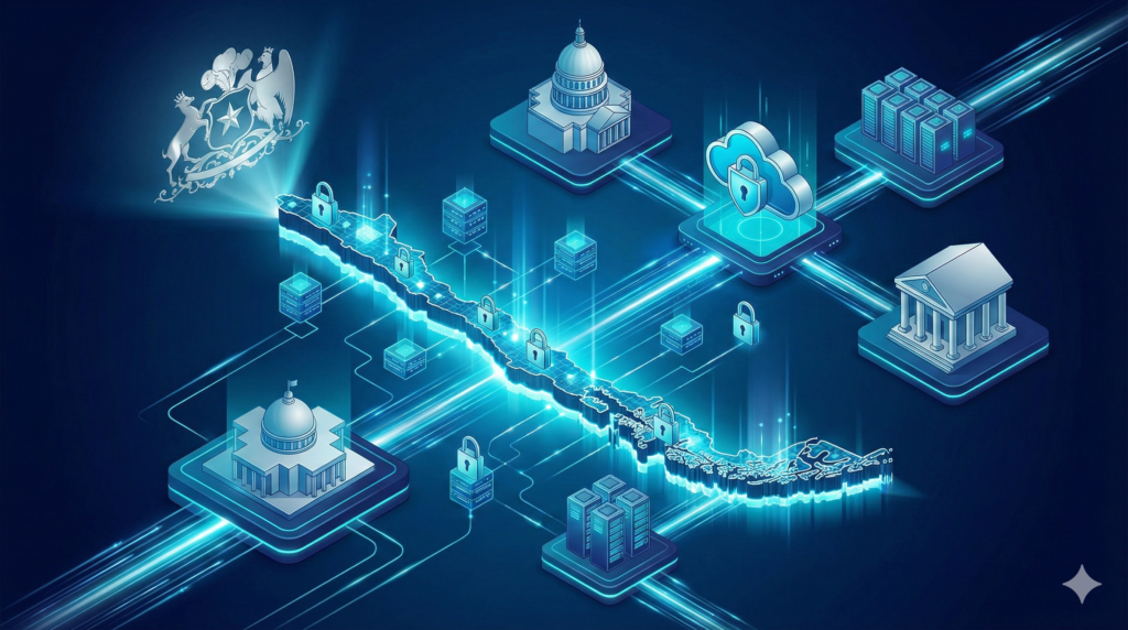 Ilustración isométrica que representa la Modernización Digital del Estado a nivel nacional, mostrando el mapa de Chile iluminado y conectado de forma segura a edificios gubernamentales, centros de datos y una nube soberana bajo el escudo patrio