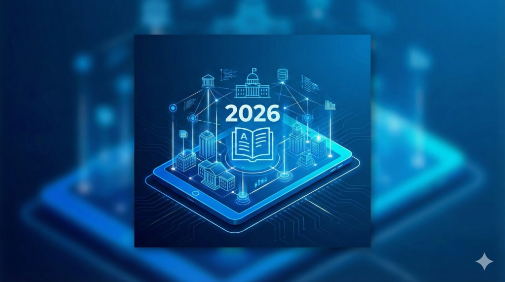 Ilustración isométrica en azul sobre una tablet que muestra edificios de gobierno conectados, un libro abierto y el año 2026, representando la Ley de Transformación Digital del Estado