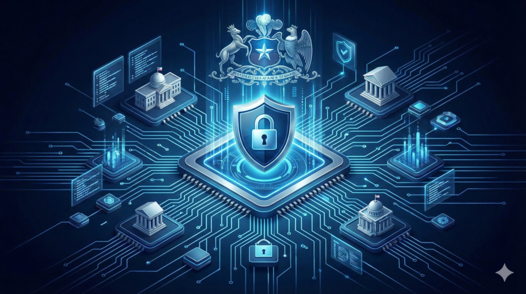 Modernización Digital del Estado representada por un escudo de ciberseguridad central conectado a flujos de datos y el escudo de Chile en un entorno tecnológico azul oscuro