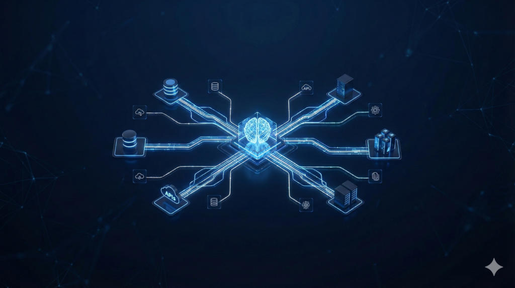 Inteligencia Artificial Agéntica representada como un cerebro digital central orquestando autónomamente bases de datos, servidores y APIs a través de conexiones de red seguras en un entorno corporativo azul oscuro