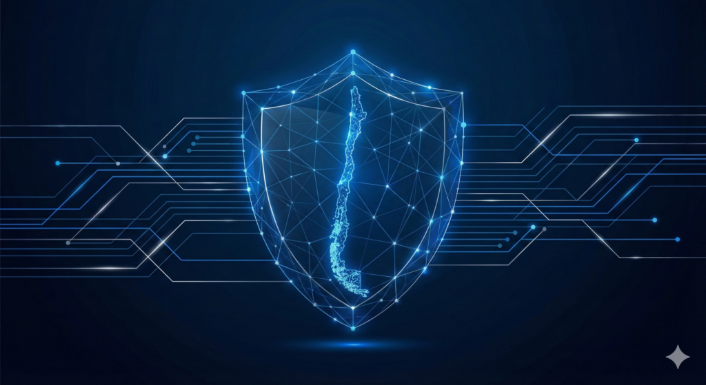 Ley de Ciberseguridad Chile representada por un escudo digital azul formado por redes de datos que protege el mapa de Chile en su interior sobre un fondo tecnológico oscuro